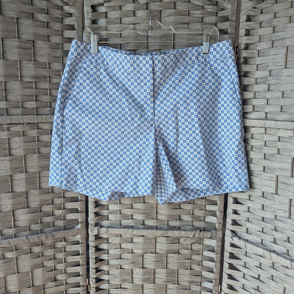 Talbots Chino Shorts Blue Geometric Print Cotton Stretch Sz 12 Coastal Preppy